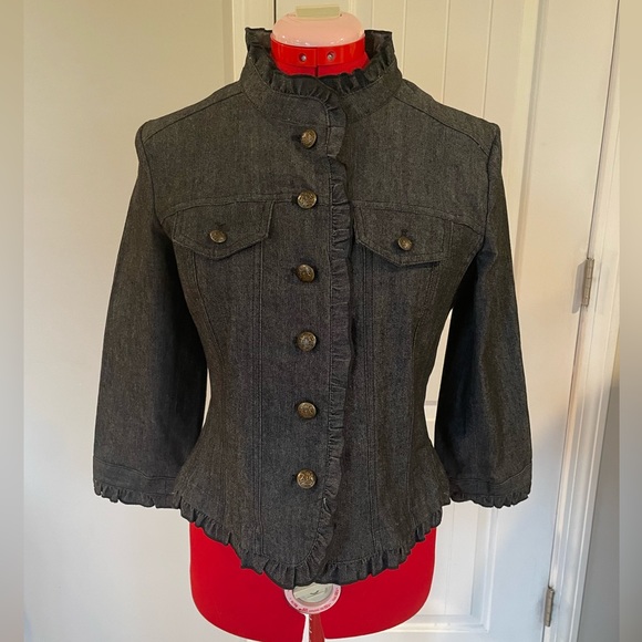 Sandro Petite Dark Gray Denim Ruffle Trimmed Military Style Jacket - Picture 2 of 9